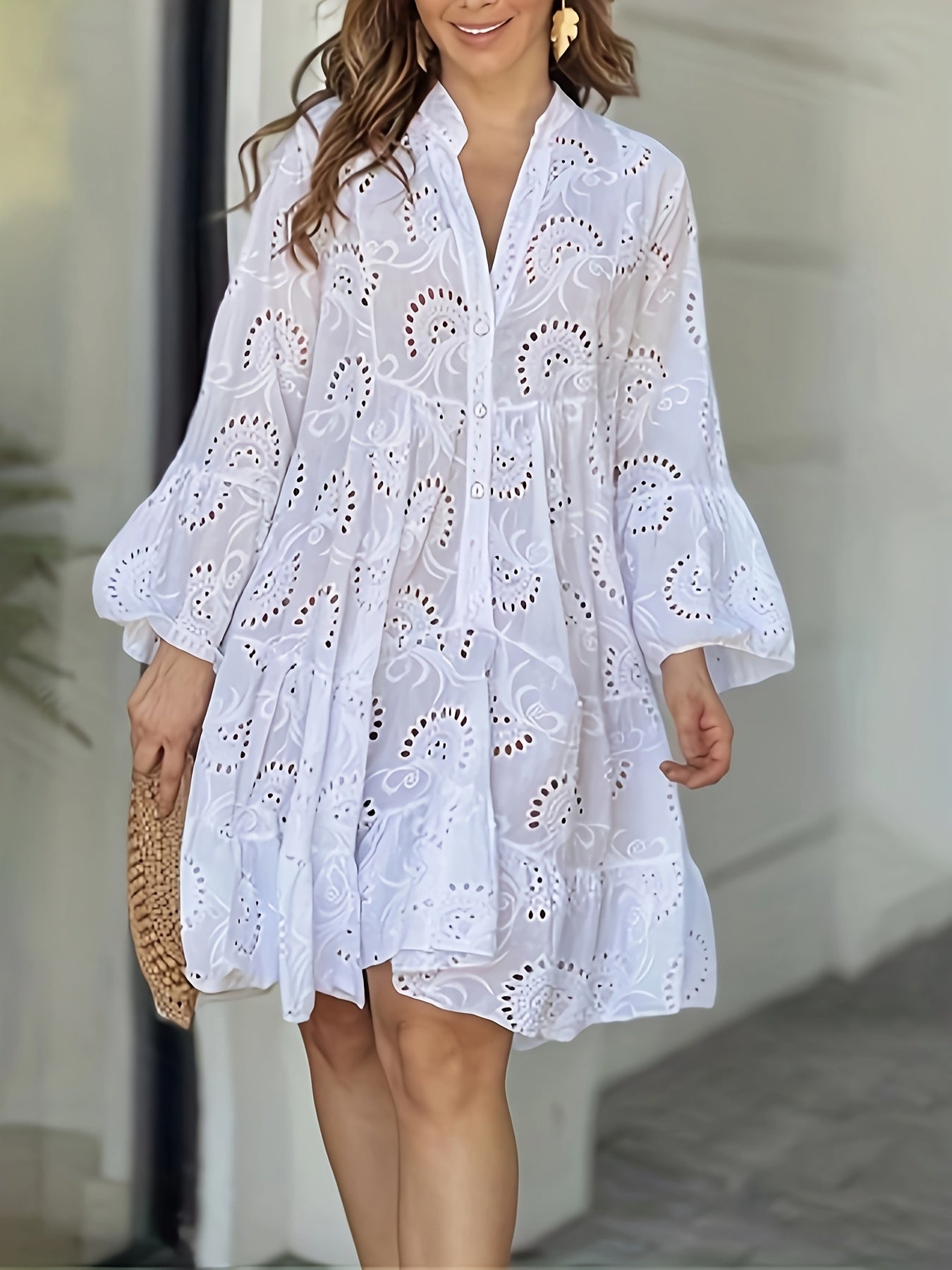 Elegant Mint Green V-Neck Shirt Dress with Bell Sleeves and Lace Cut-Out Detail - Chic Long Casual Dress for Women, Ideal for Home Gatherings and Parties, Casual Party Dress|Bell Sleeve Dress|Machine Washable Dress, Cute Dresses