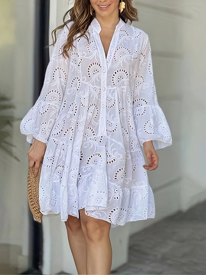 Elegant Mint Green V-Neck Shirt Dress with Bell Sleeves and Lace Cut-Out Detail - Chic Long Casual Dress for Women, Ideal for Home Gatherings and Parties, Casual Party Dress|Bell Sleeve Dress|Machine Washable Dress, Cute Dresses
