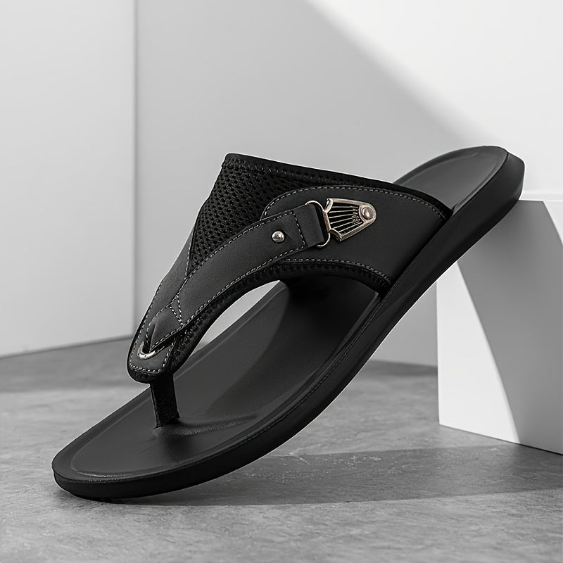 Men's Faux & Mesh Flip Flops - Toe Post Design with Metal Accent & Breathable Panels, Lightweight Comfort Footwear for Daily Casual, Beach & Poolside Wear