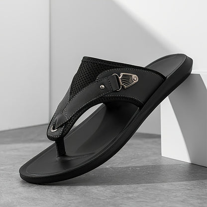 Men's Faux & Mesh Flip Flops - Toe Post Design with Metal Accent & Breathable Panels, Lightweight Comfort Footwear for Daily Casual, Beach & Poolside Wear