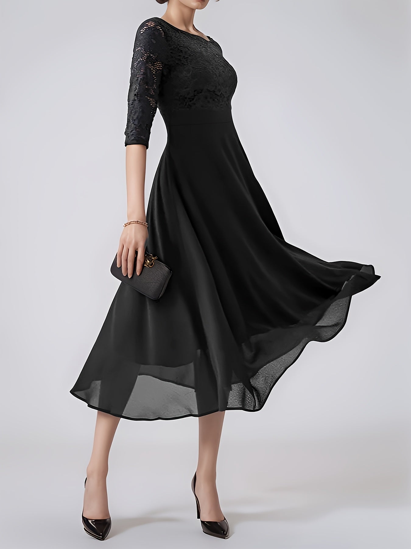 Elegant Navy Blue Lace-Trimmed Chiffon Evening Gown with Short Sleeves And Flowing Skirt, Perfect for Formal Events And Parties, Formal Evening Gown