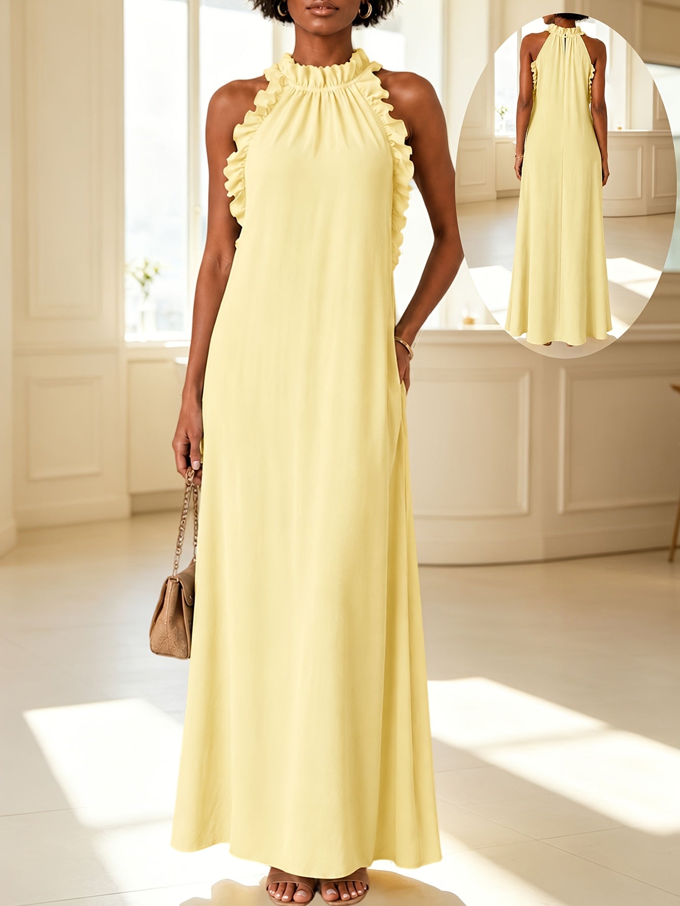 Summer Vacation Style Leaf-Edge Halter-Neck Sleeveless Dress