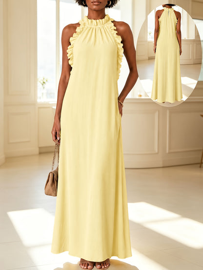 Summer Vacation Style Leaf-Edge Halter-Neck Sleeveless Dress