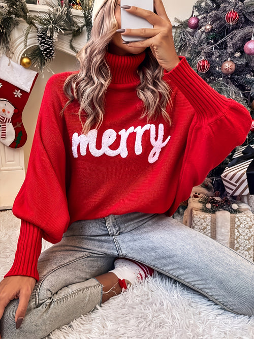 Women's Merry Christmas Letter Sweater - Batwing Sleeves & High Collar Winter Top, Loose Fit Sweaters for Xmas Parties, Casual Weather Wear (Hand Washable) - Solid Color Cozy Blouse