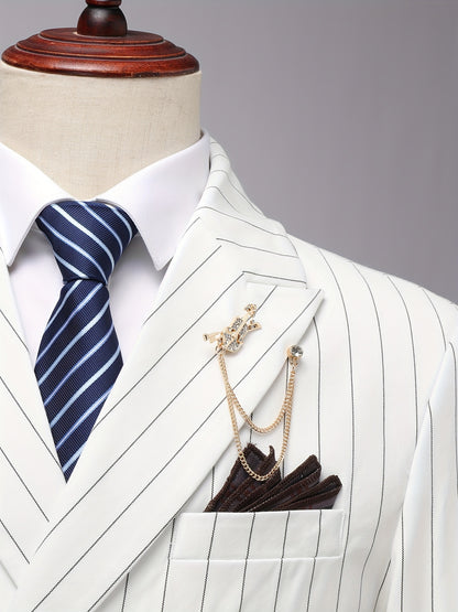 Latest Men's Suit Striped Double-Breasted Suit Spring/ Summer/ Autumn Thin Two-Piece Set with Frill Collar Striped Style Four Buttons Suit Business And Casual Dress Collar Necklace Decoration Slimming Dress Casual Suit White Suit