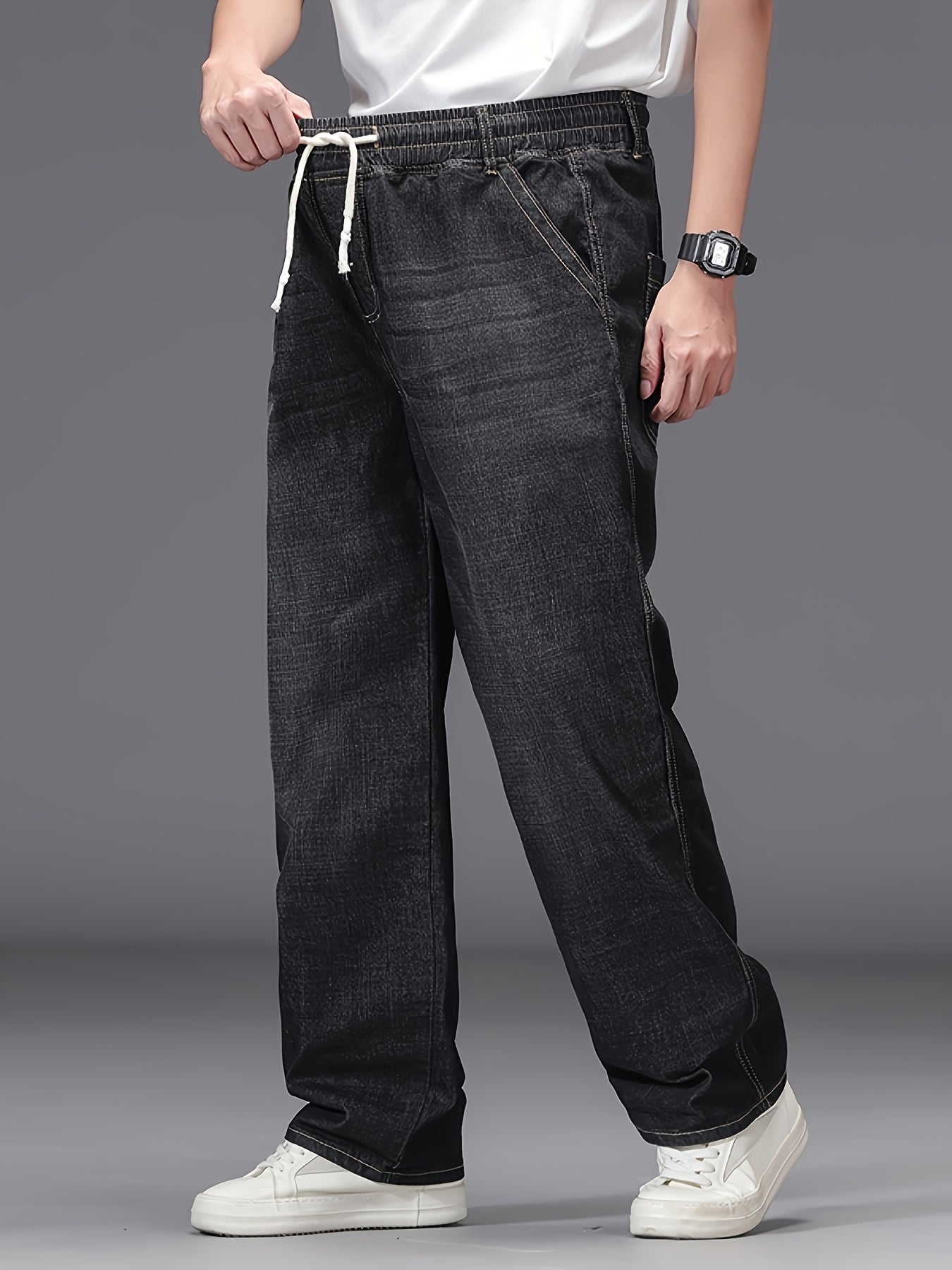 Large Size Jeans Men's Straight Leg Loose Fit Elastic Pants with Added And Extra Pants Elastic Waist Men's Simple And Versatile Denim Pants Men's Jeans Four Season Style, PLUS SIZE