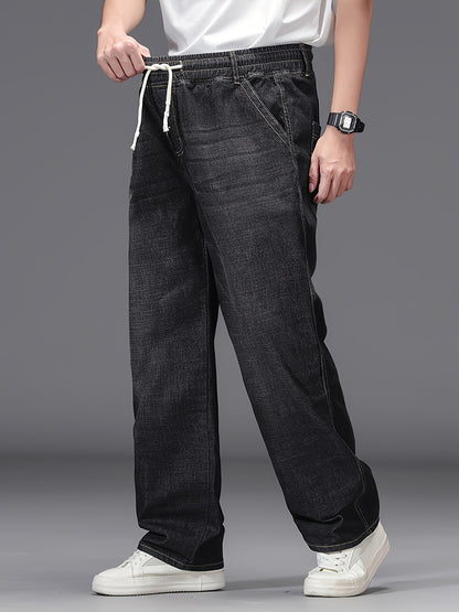 Large Size Jeans Men's Straight Leg Loose Fit Elastic Pants with Added And Extra Pants Elastic Waist Men's Simple And Versatile Denim Pants Men's Jeans Four Season Style, PLUS SIZE