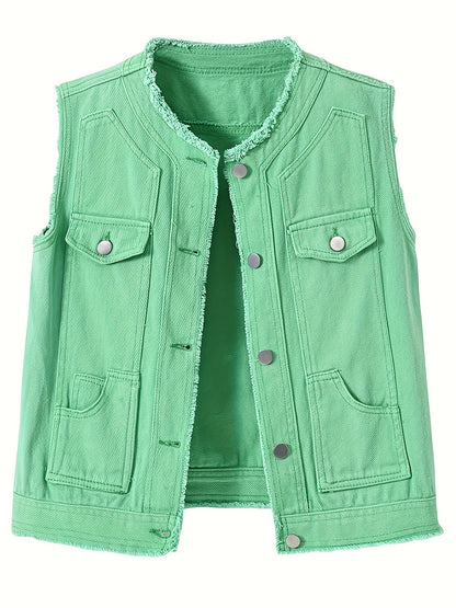 Women's Candy Color Sleeveless Denim Vest Button Jean Waistcoat Collarless Jacket Tassel Design Vest for Women