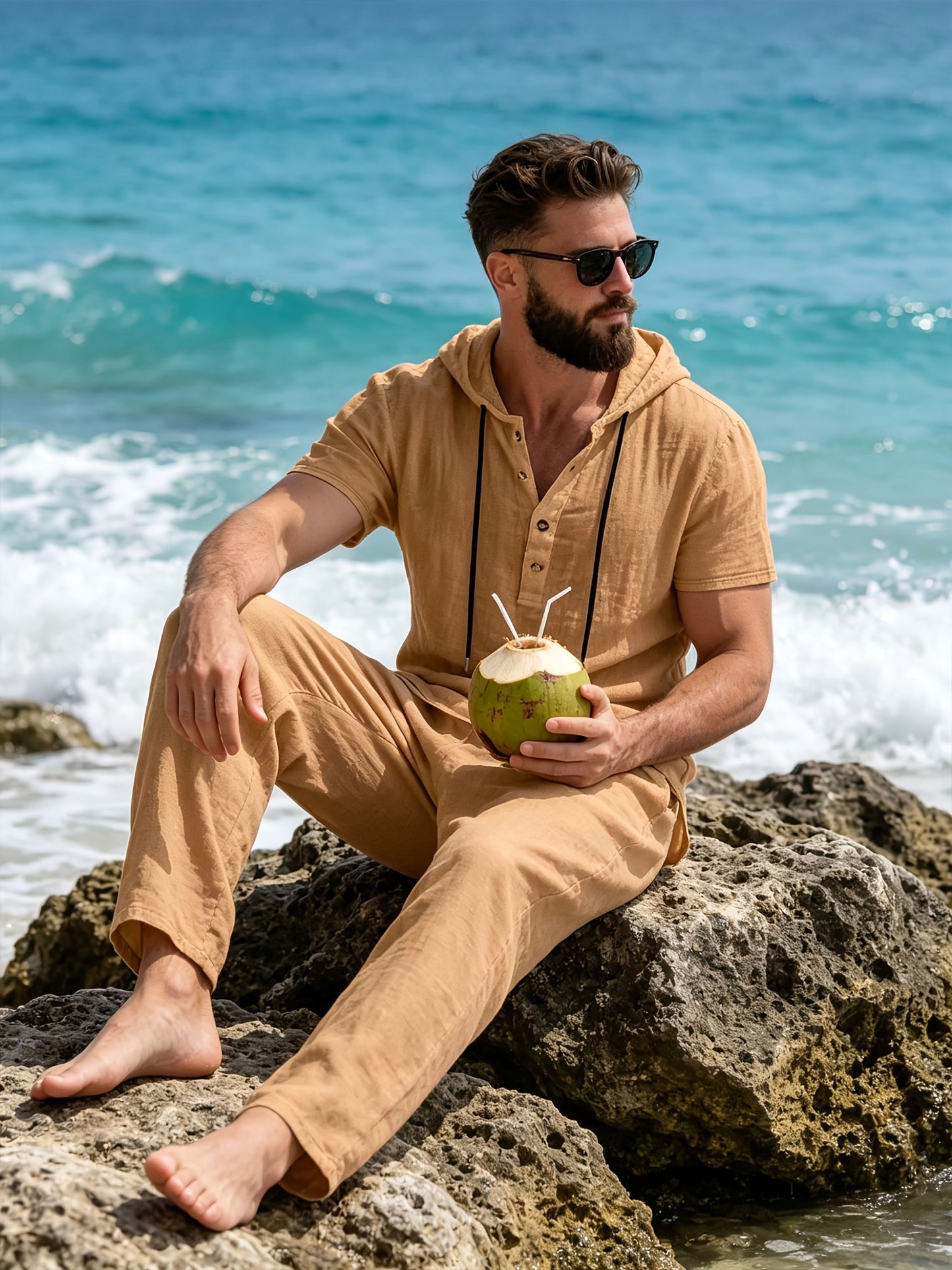 Men'S Casual Linen Hooded 2pcs Set, Short Sleeve Drawstring Henley Shirt And Wide Leg Pants, Breathable Non-Stretch Fabric, Loose Fit for Vacation, Home And Outdoor, Multi-Color Options