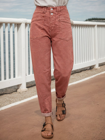 Women's Mid-Rise Distressed Stretch Jeans - Retro Button Placket & Slanted Straight-Leg Loose Fit Pants with Belt Loops, Olive Green/Brown Washed, Machine Washable All-Season Casual Trousers Suitable for Casual Attire & Layering