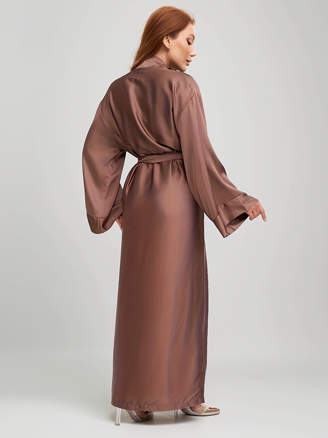 Women's Elegant Semi-Sheer -Neck Satin Robe with Tie - Ice Fiber Suitable for Home, Spa, Morning Robe, - Versatile Bathrobe, Hand Washable Female Outerwear