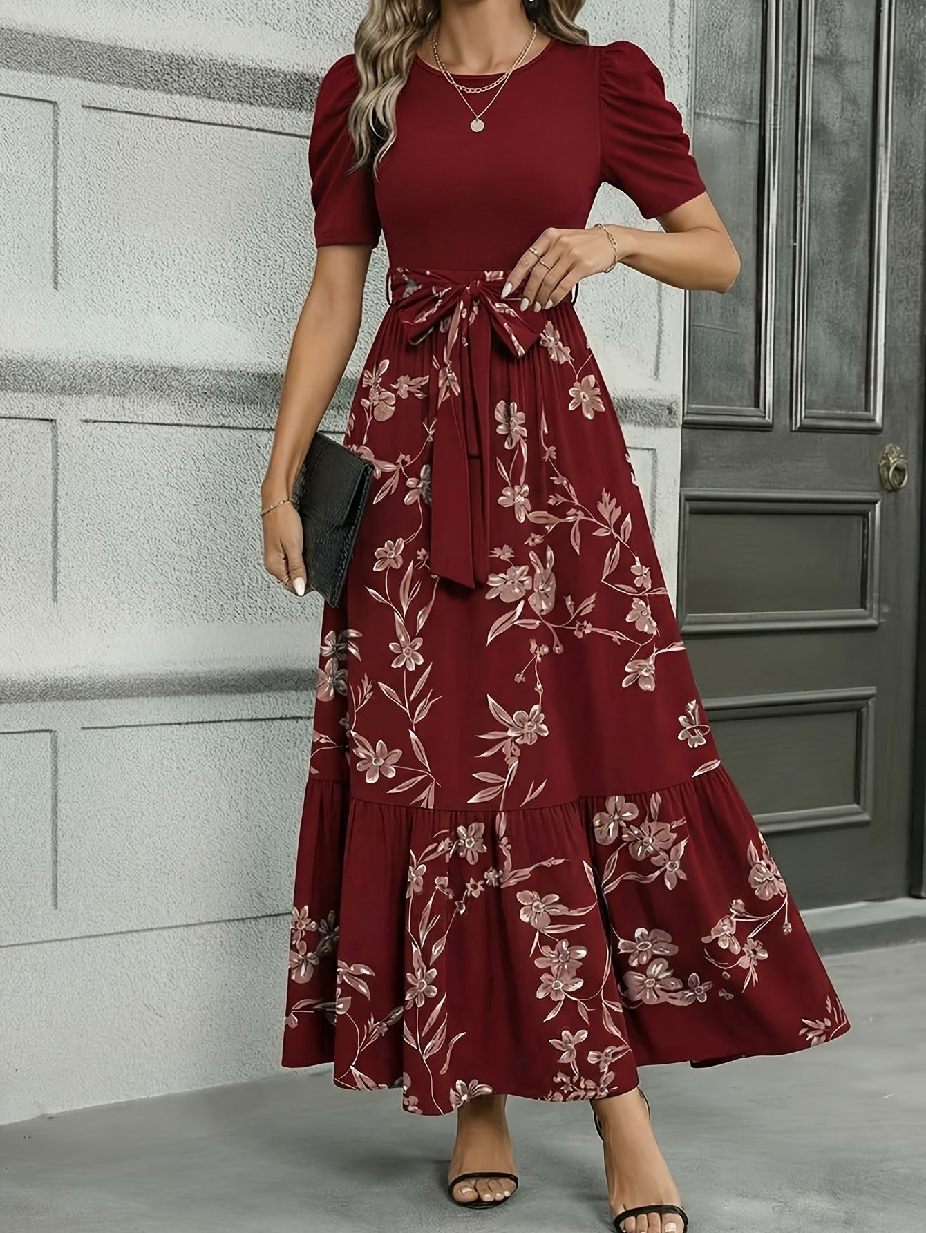 Women'S Floral Cinched-Waist Casual Long Dress, Suitable for Light Business Gatherings | Weekend Afternoon Tea And Similar Occasions, Elegant And Refined