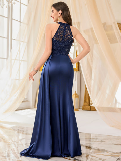 55630A Elegant Womens Sleeveless Sequin Lace Evening Maxi Dress Halter Neck Sheer Lace Patchwork Satin Ruched Waist Bodycon High Side Slit For Wedding Season Graduation Season Formal Wedding Guest Bridesmaid Cruise Party