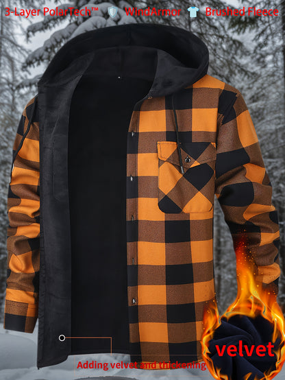 New Men'S Plaid Hooded Long-Sleeved Shirt Outdoor Casual Shirt Jacket | Flannel with Pocket Double Bag Double | Inner Lining Is Thickened | Thermal Shirt