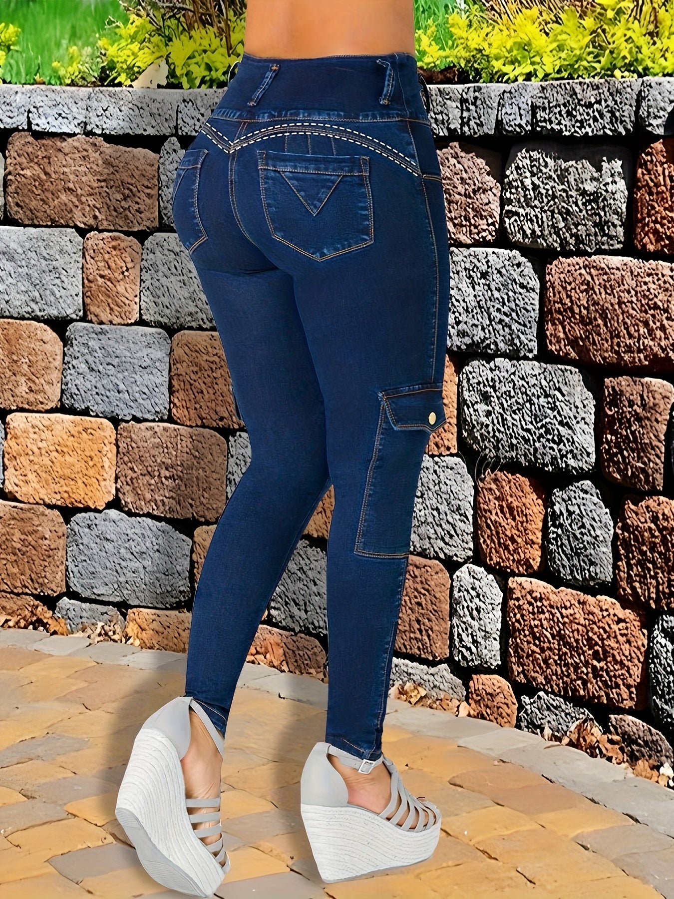 Women'S Stretch Fashionable Mid Waist Deep Blue Slim Fit Small Leg Jeans, Three Button Waistband, All Season Casual Style, Comfortable Material, Solid Color, Machine Washable, Daily Home, Outdoor Sports, Street Wear