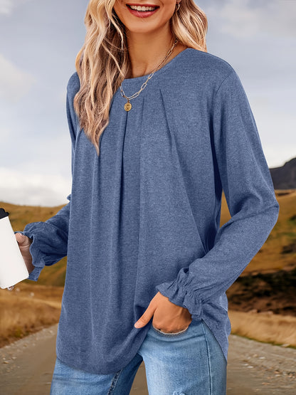Womens Tops Dressy Casual Pleated Ruffle Long Sleeve Shirts Loose Fitting Blouses Tunic Tops