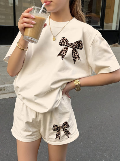 2pcs Set, New Summer Outfit Girls: Print Short-Sleeve Top And Loose Shorts, Suitable Aged 5-14, Essential Outdoor Travel And Casual Sports Wear, for Outdoor