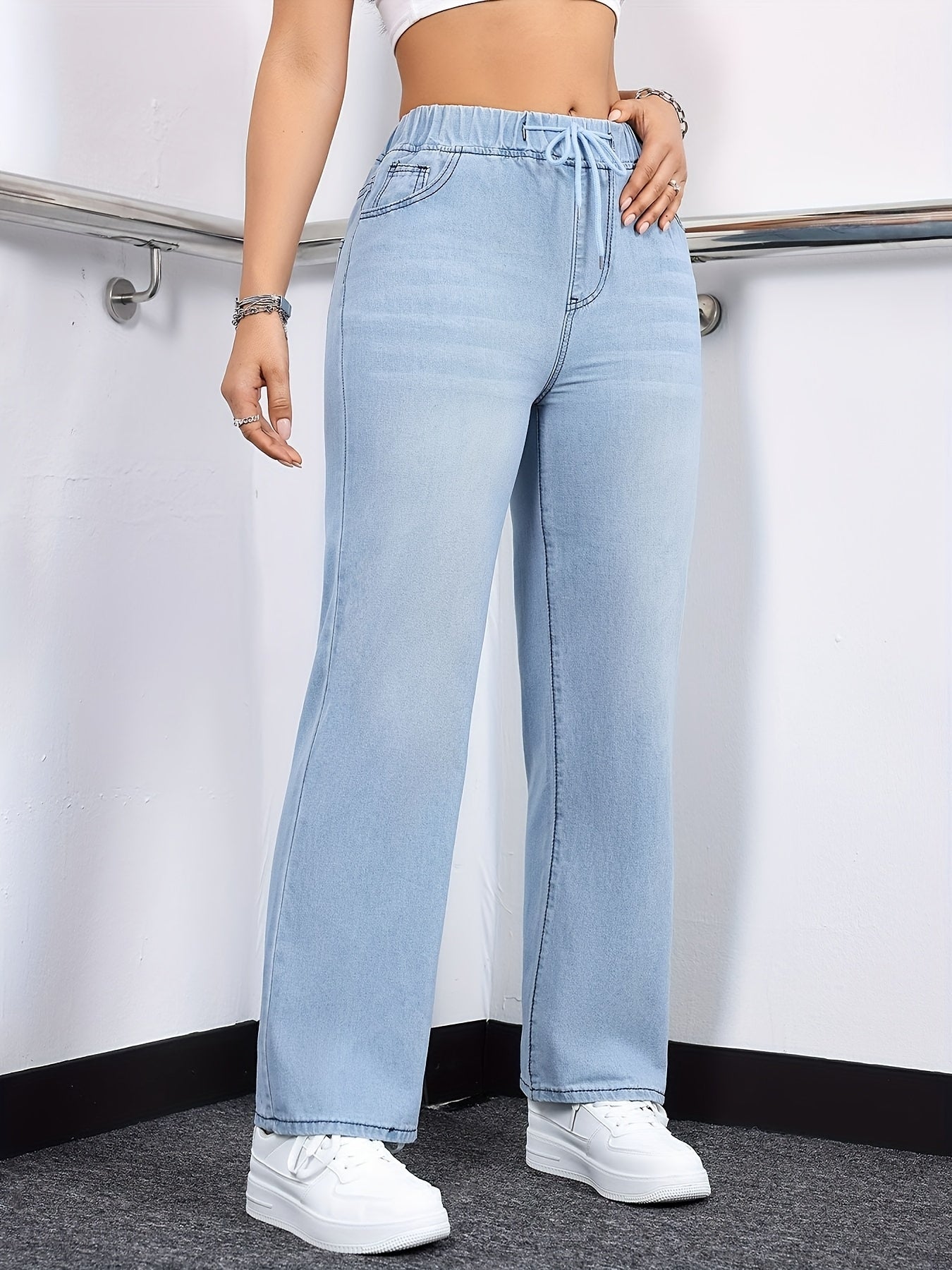 [Drawstring Waist Jeans] Plus Size Women's Drawstring Waist Straight Leg Jeans | High Waist Stretchy Washed Denim | Casual Trendy Comfy Jeans for Daily Wear | Flattering Fit