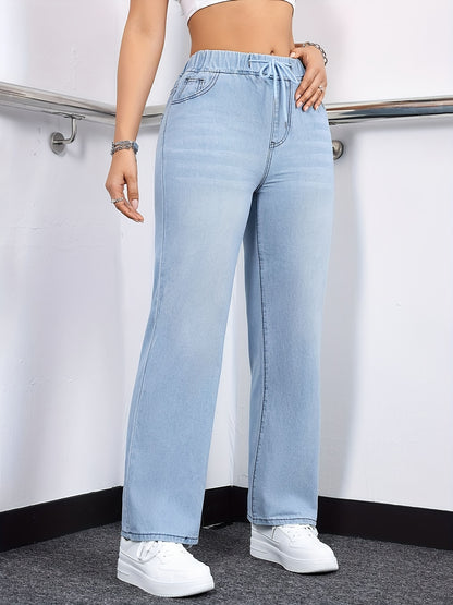 [Drawstring Waist Jeans] Plus Size Women's Drawstring Waist Straight Leg Jeans | High Waist Stretchy Washed Denim | Casual Trendy Comfy Jeans for Daily Wear | Flattering Fit