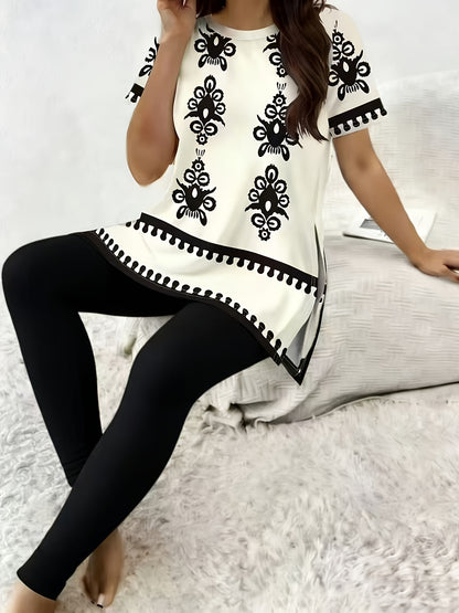 Women'S Casual Two-Piece Set: Short-Sleeved Top with Plaid Pattern And Printed Design, Round Neckline with Side Slits; Paired with Tight-Fitting Trousers, Making a Perfect Spring/Autumn Outfit