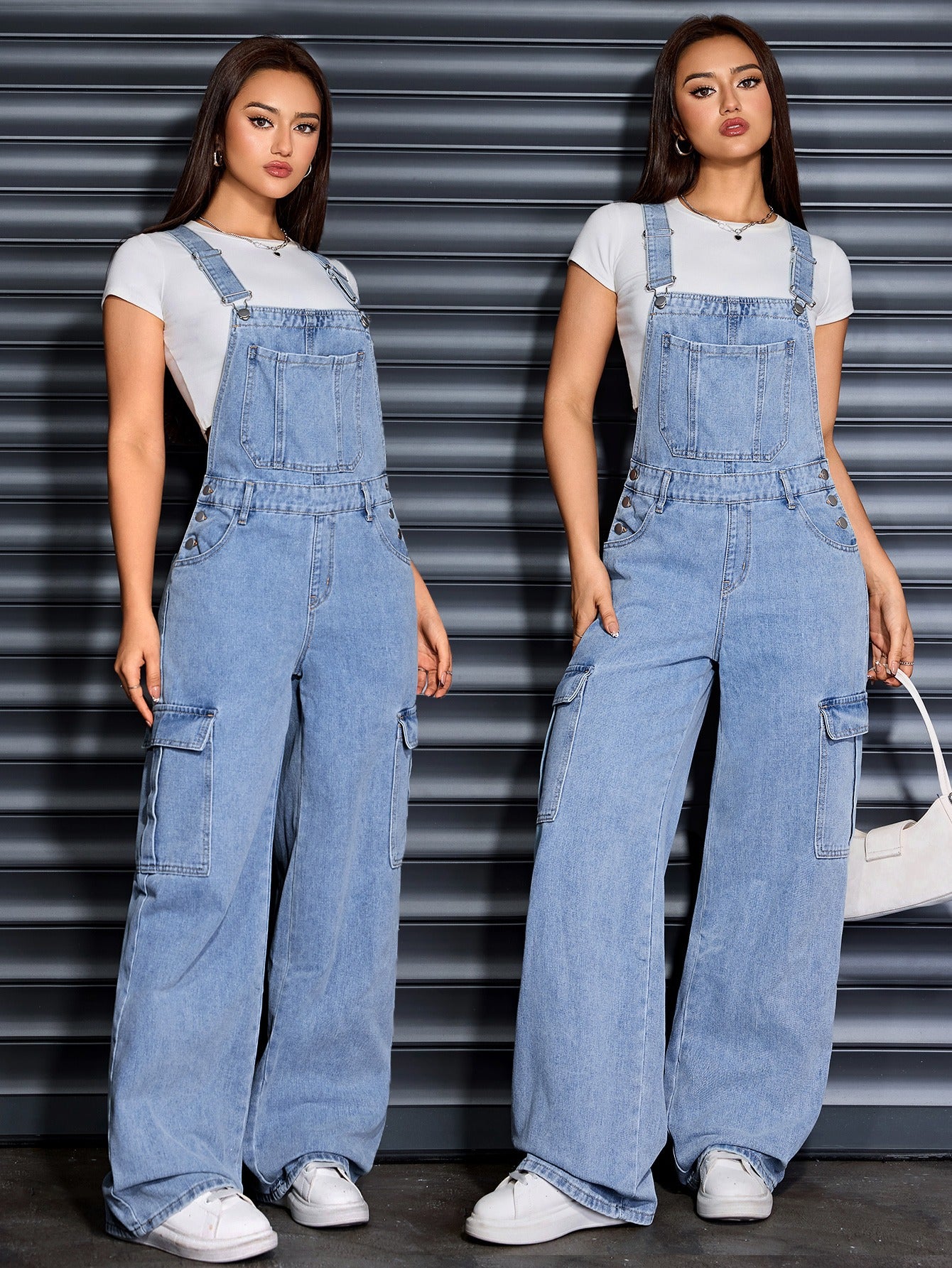Women'S Denim Wide-Leg Cargo Jumpsuit with a Loose Fit, Baggy Design, And Adjustable Straps