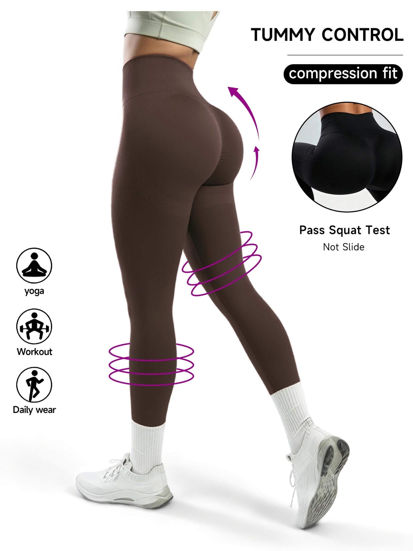 Women's High Waist Peach Lift Yoga Pants- Tummy Control, Breathable, Four-Way Stretch, All-Season Fitness Leggings, Brown, Fitness Clothing| Solid Color Design| High Elastic Fabric