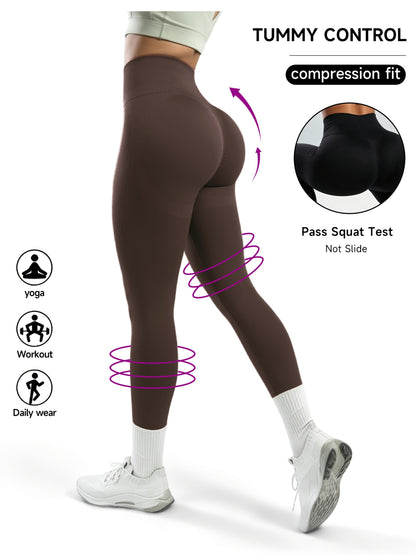 Women's High Waist Peach Lift Yoga Pants- Tummy Control, Breathable, Four-Way Stretch, All-Season Fitness Leggings, Brown, Fitness Clothing| Solid Color Design| High Elastic Fabric