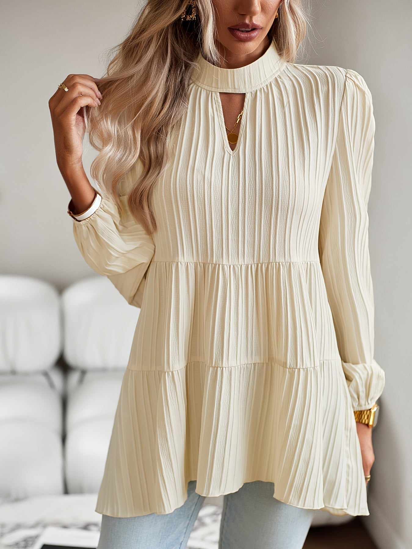 ZAFUL Women's Elegant Ribbed Shirt - Loose Fit Long Sleeve Oversized Blouse, Solid Color Round Neck Tunic Top, Machine Washable Loose Layers for Spring/Autumn & Year-Round Wear (Non-)