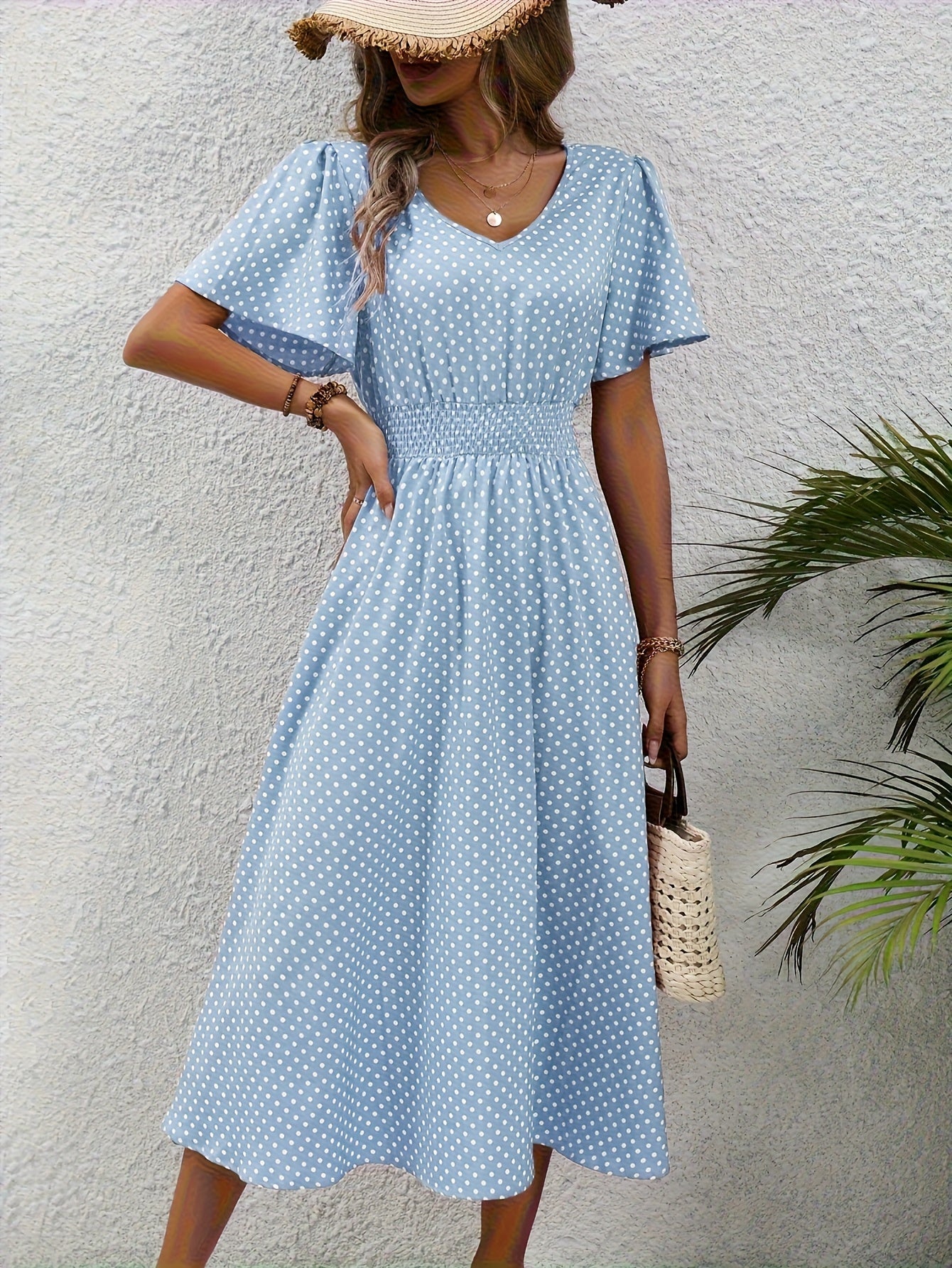 Women'S Long Dress in Pink with Polka Dots - Casual V-Neck, Ruffled Sleeves, Waist-Enhancing Style, Made of Lightweight, Ideal for Spring/Summer, Machine Washable