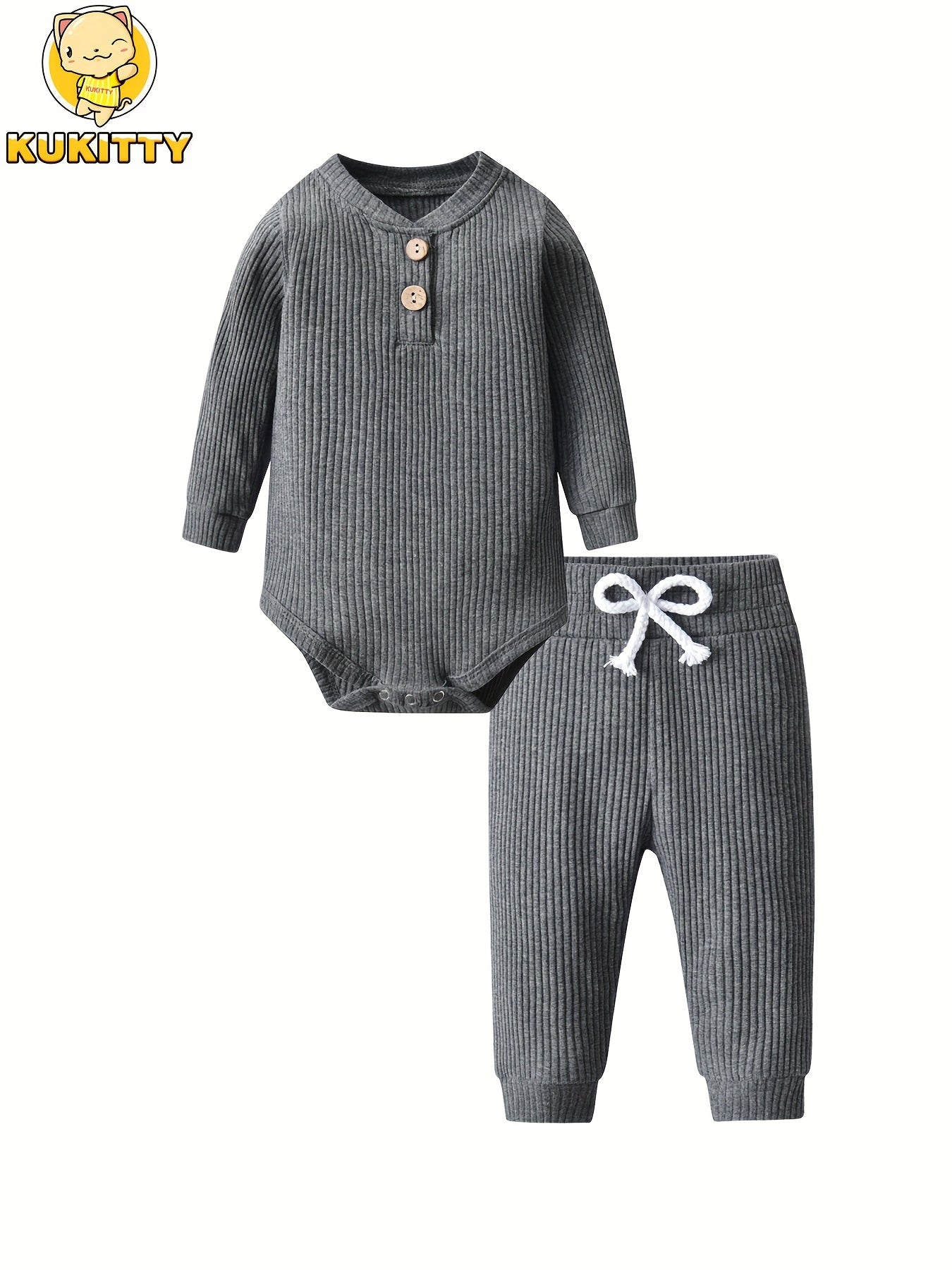 Kukitty Newborn Baby Boys Girls Clothes Unisex Long Sleeve Solid Color Ribbed Bodysuit And Pants Outfits Set, for Outdoor