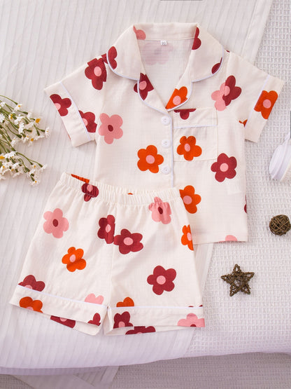 Random 1 Set Delivery! Girls' Collared Short-Sleeve And Shorts Pajama Set, Bows, Red Flowers, Pink Bows, Floral Prints. Elastic-Waist Loungewear, Bubble-Wrinkle Flame-Retardant Fabric, Comfortable And Skin-Friendly