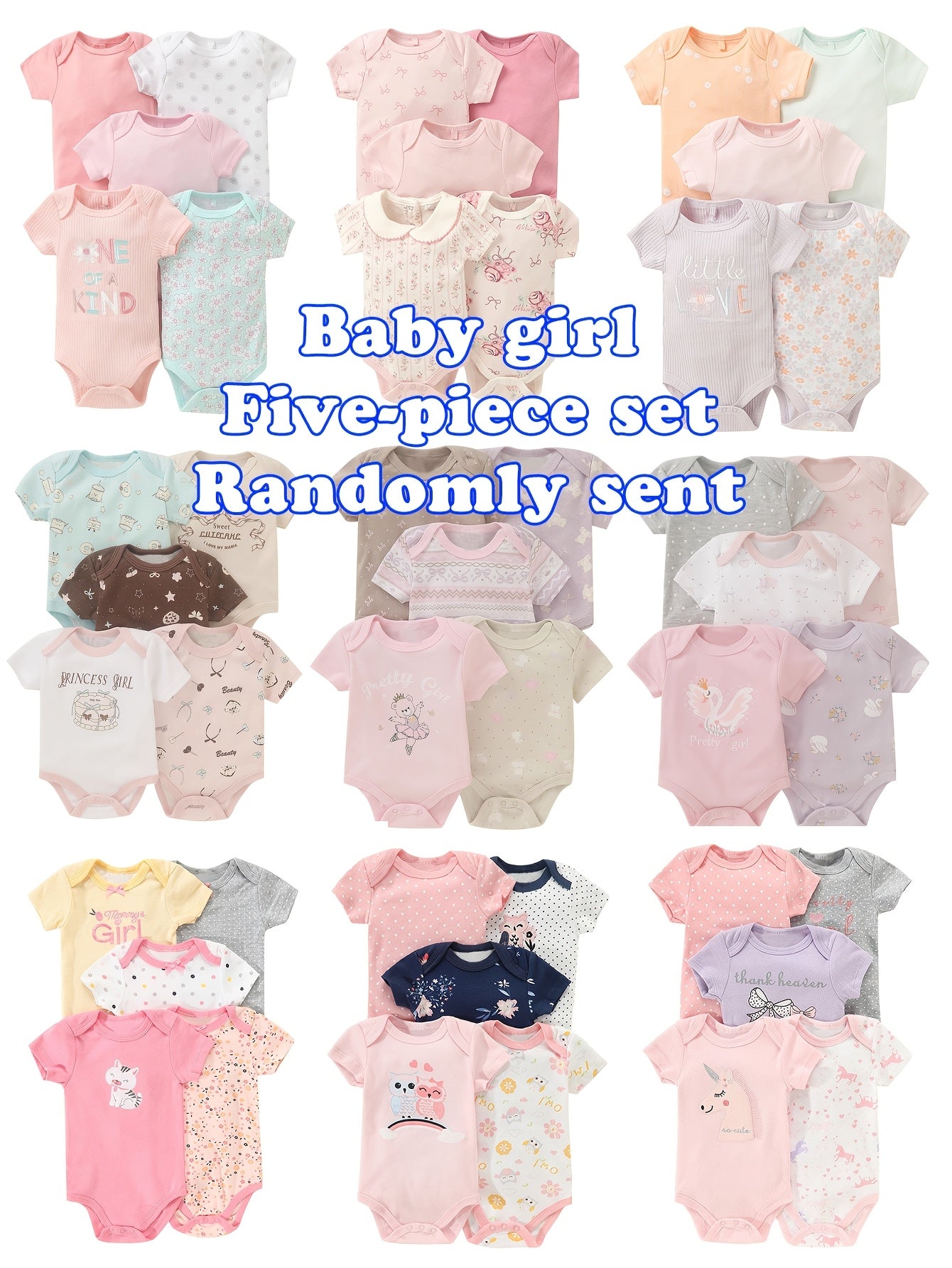 5pcs Random Pc of Baby Girl Rompers, Elegant And Cute Printed Baby Girl Clothing, Girl'S Romper, Pure Home Wear, for Outdoor