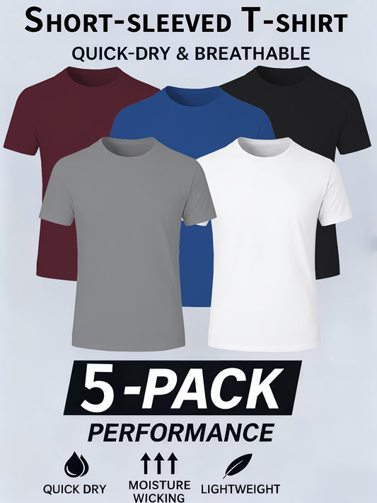 5pcs Men's Quick Dry T Shirts Breathable Moisture Wicking Polyester Crew Neck – main product image