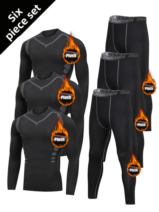 6-Pack Men's Thermal Underwear Set - Printed Fleece-Lined Sports Base Layers – Black option – main product image