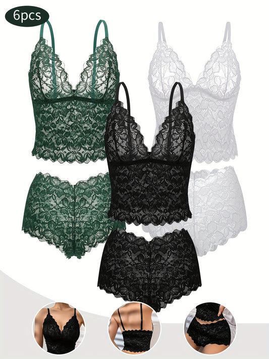 6-Pack Women's Bra and Panty Lingerie Set - Floral Lace Coordinated Style – Black option – main product image