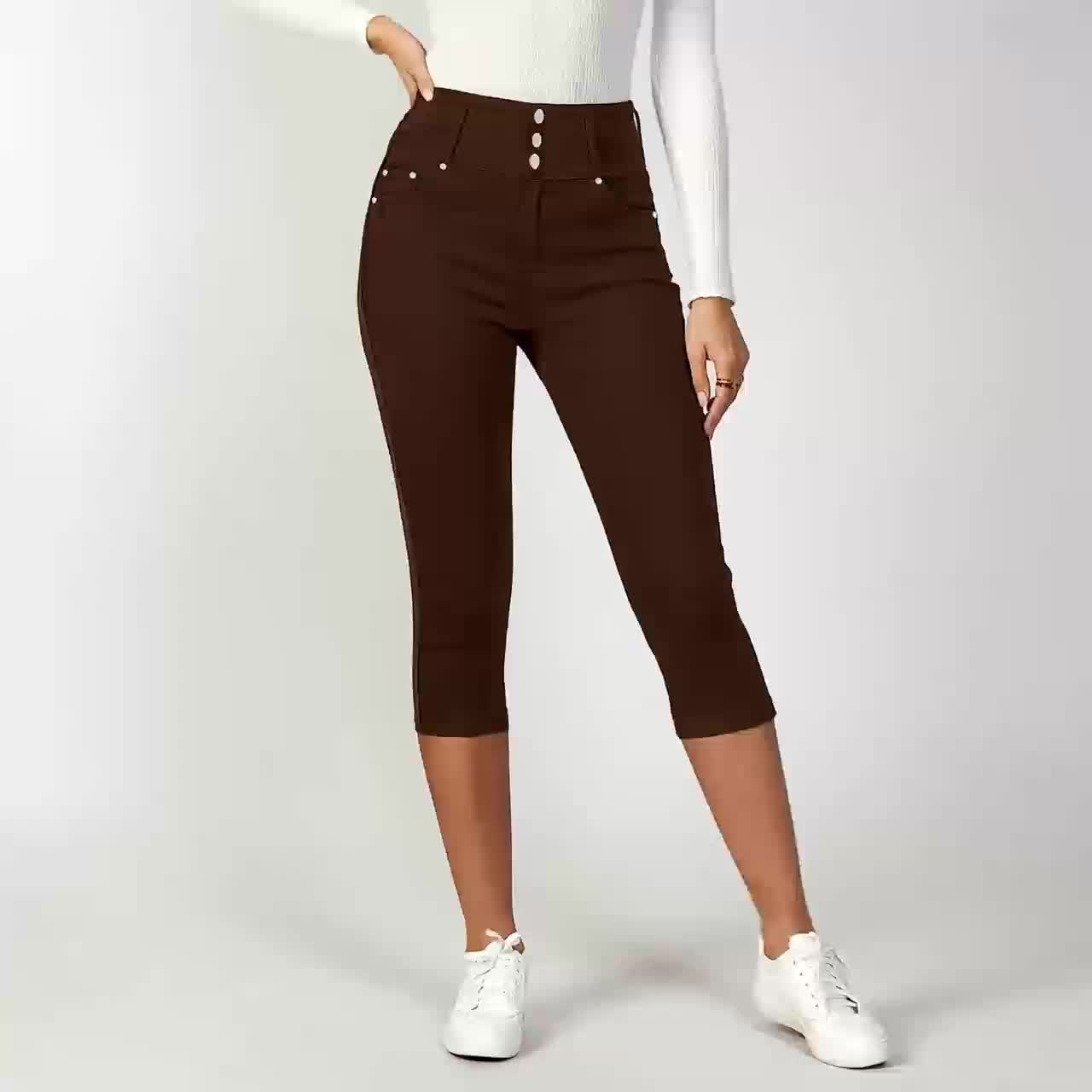 [High-Waisted Stretch Capri] Women's Deep Red High-Waisted Stretch Capri Pants Triple Row Button Fly with Metal Rivet Accents Booty Lifting Design 7/8 Length Cropped Jeans High Elasticity Soft Comfortable Machine Washable Versatile Wardrobe Essential for