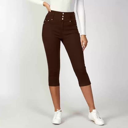 [High-Waisted Stretch Capri] Women's Deep Red High-Waisted Stretch Capri Pants Triple Row Button Fly with Metal Rivet Accents Booty Lifting Design 7/8 Length Cropped Jeans High Elasticity Soft Comfortable Machine Washable Versatile Wardrobe Essential for