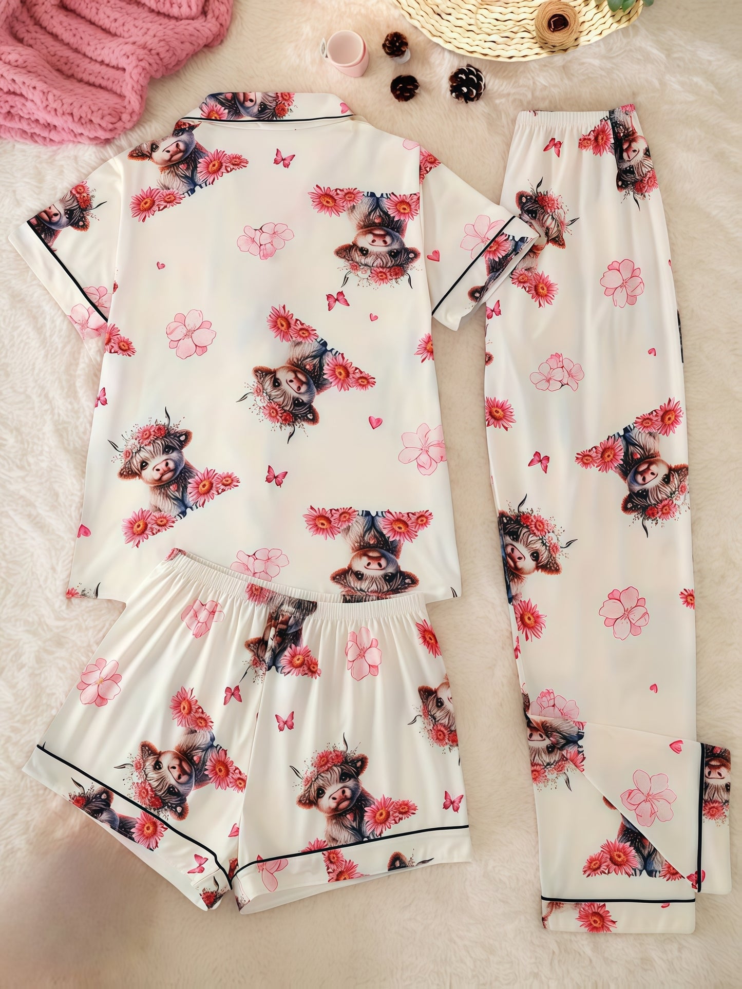 [3pcs Women's Pajama Set] 3pcs Casual Women's Pajama Set | Features A Lapel Collar, Short-sleeved Top with Button Closure, Paired with Shorts And Long Pants, Adorned with Floral And Cow Patterns. Comfortable Loungewear Suitable for All Seasons