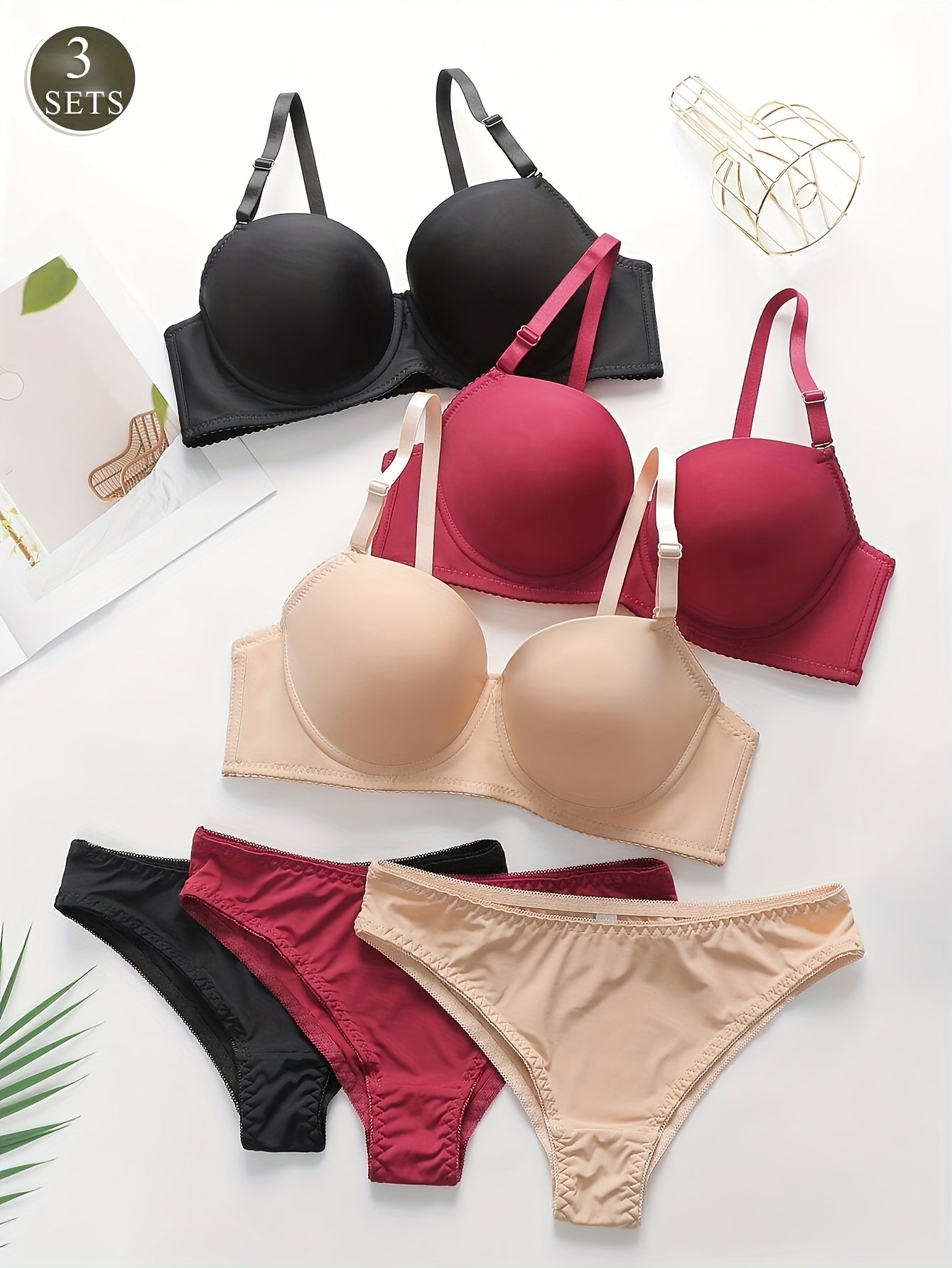 3 Sets Elegant Solid Color Polyamide Bra & Briefs Set, High Support Mid Rise Briefs with Non Removable Padding, Women's Lash Sets