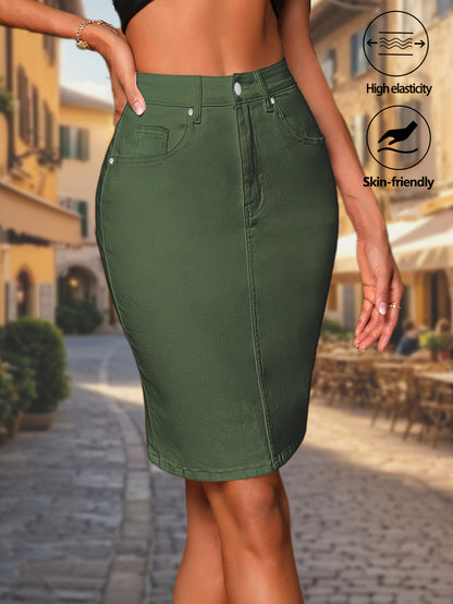 Women'S Stretch Denim Skirt - Bodycon High-Waisted Knee-Length with Multi-Stitch Detail And Back Slit, Elegant Casual to Dressy Versatile Style for Spring Summer Fall, Seasonal Fashion, Quality Craftsmanship, Fall Wardrobe, Fitted Construction