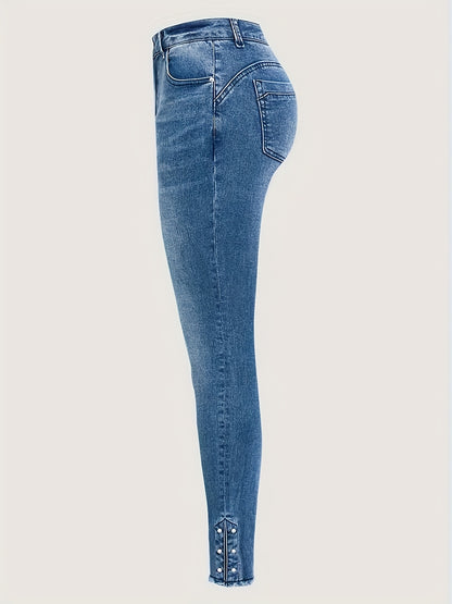 [Hme]Women'S Denim Trousers, Mid-To-High Waist Design, Lift The Hips, Tuck in The Abdomen And Look Slimmer, Suitable for All Seasons, Heavy Industry Washed Retro Blue, with Split Toe And Bubble Beads