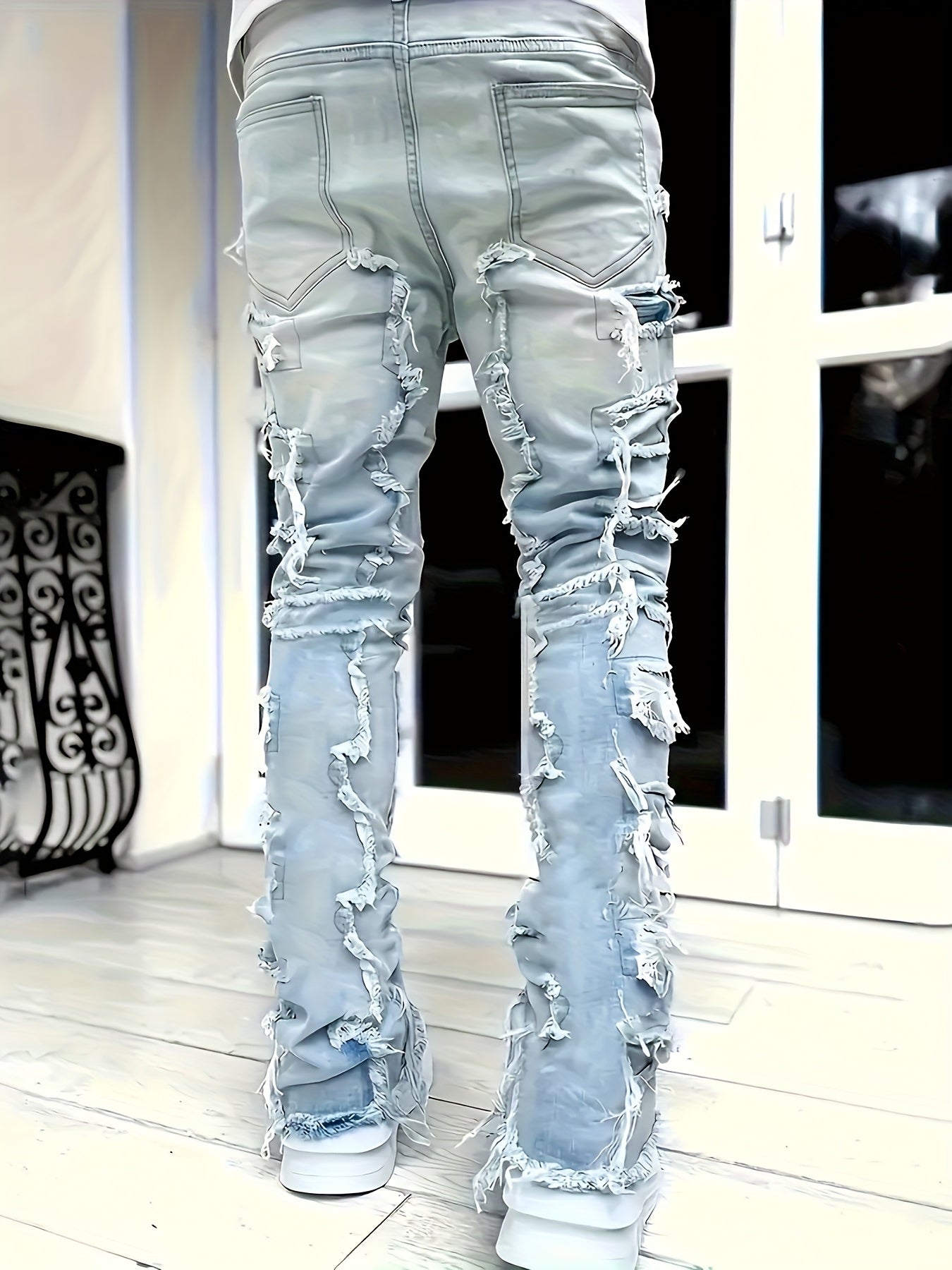 Men's Ripped Jeans Retro Street Style Spliced Slim Jeans Versatile Men Straight Denim Pants