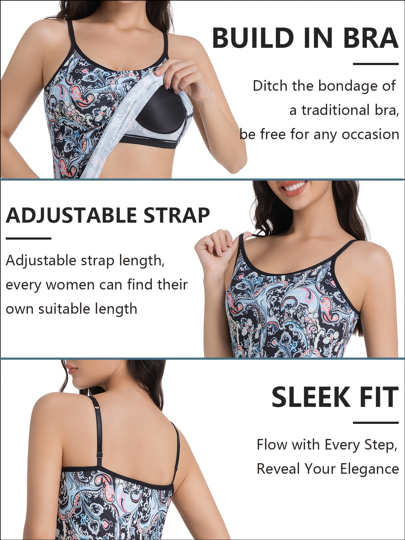 Women's Sleeveless Built-In Bra Tops - Adjustable Spaghetti Strap Layering Tanks/Pajamas, Breathable And Comfortable In Ultra-Soft Seamless Fabric, Ideal for Fall Winter Layering, Perfect for Casual, Formal, Occasions(Black, Turquoise, Orange)