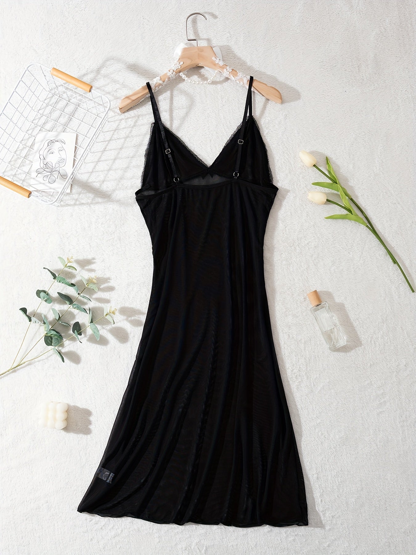Women'S Sexy Black Spaghetti Suspender Dress - Semi-Sheer Mesh with Lace Trim & Bow Accents, Soft Stretchy Comfort Fit, Bohemian Evening Party Dress for Women, Semiformal Attire