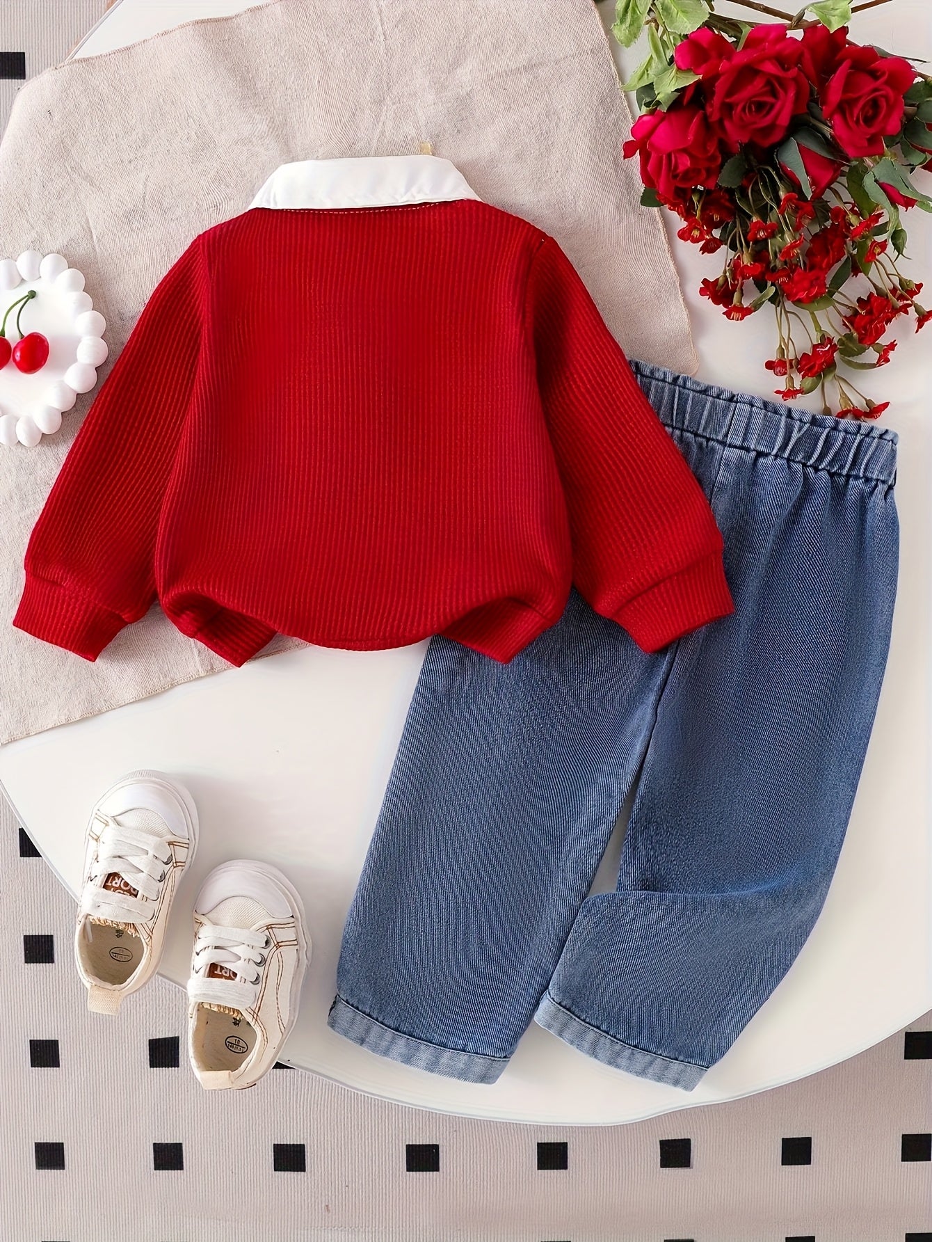2pcs Baby Girls Set Notched Collar Ribbed Long Sleeve Faux Two-Piece Polo Shirt Cherry Embroidery Straight Leg Jeans Spring Fall Cute Casual Outdoor, for Outdoor