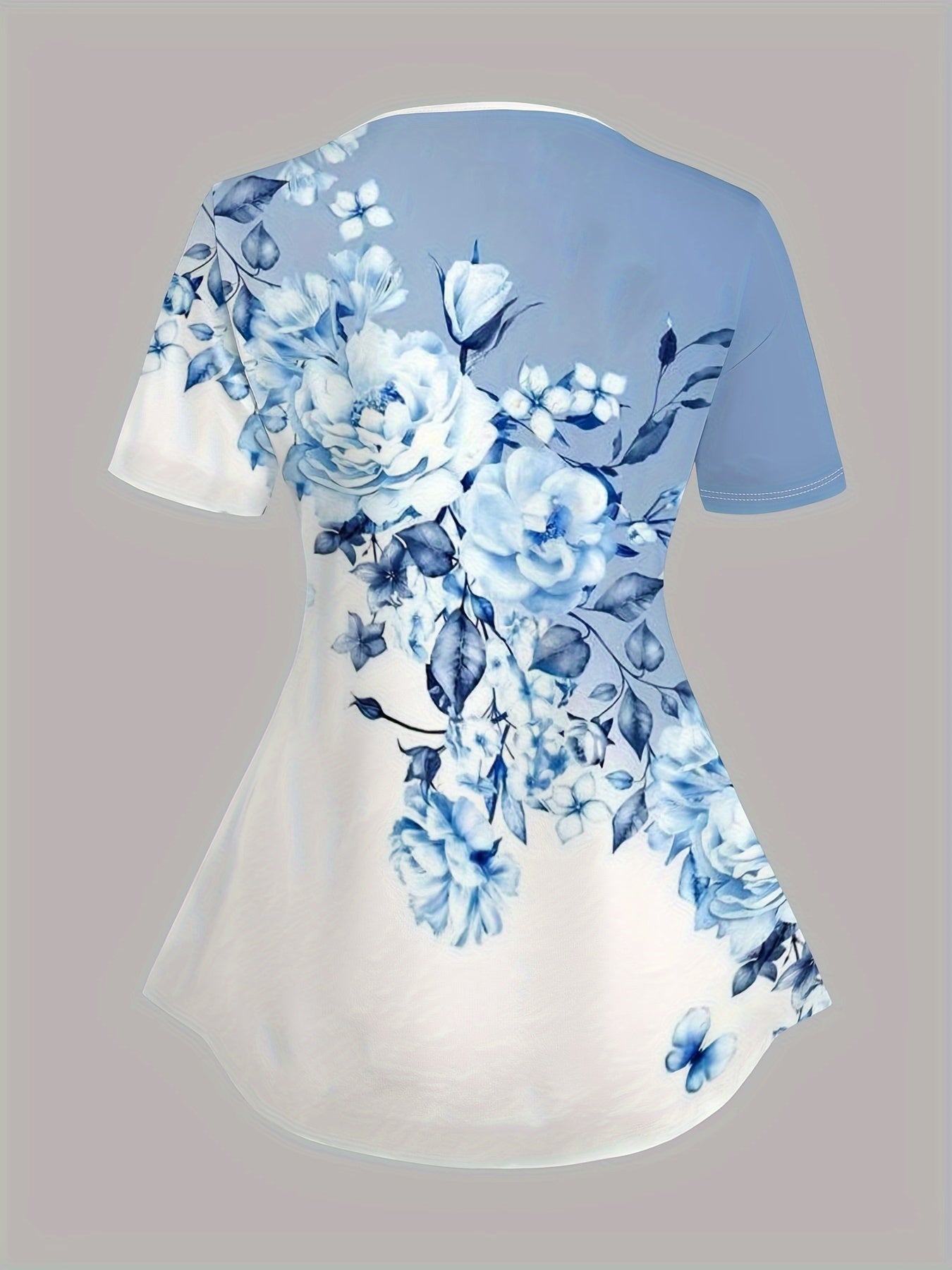 Light Blue Plus Size Color-Block Print V-Neck T-Shirt And Elastic Waist High-Waisted Seven-Quarter Pants Set