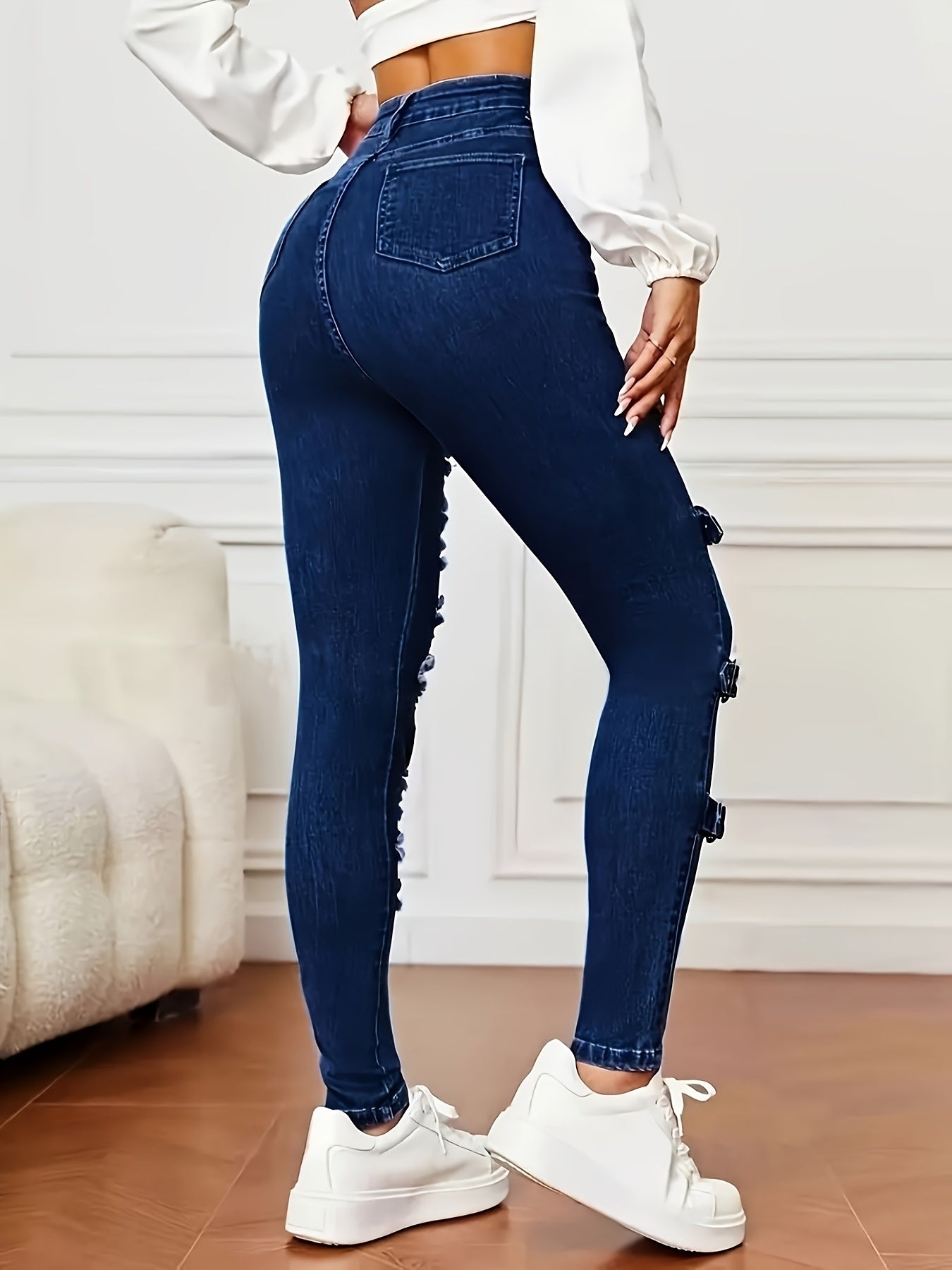 Ladies Stretch Deep Blue Hole Elastic Retro Tight Jeans