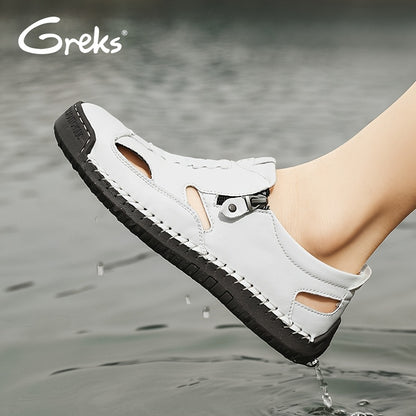 GREKS Mens Driving Loafer Lightweight Slip-on Breathable Walking Boat Shoes Flat Slippers Outdoor Moccasin Closed Toe Sandals