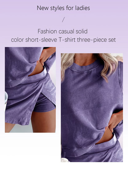 2pcs Women's New Solid Color Fashionable Casual Pure Short Sleeved T-shirt Three Piece Pants Two-piece Set