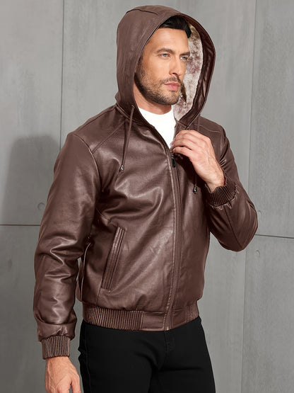 Men's Solid Color PU Faux-Leather Hooded Jackets, Trendy Thick Jacket for Spring Autumn